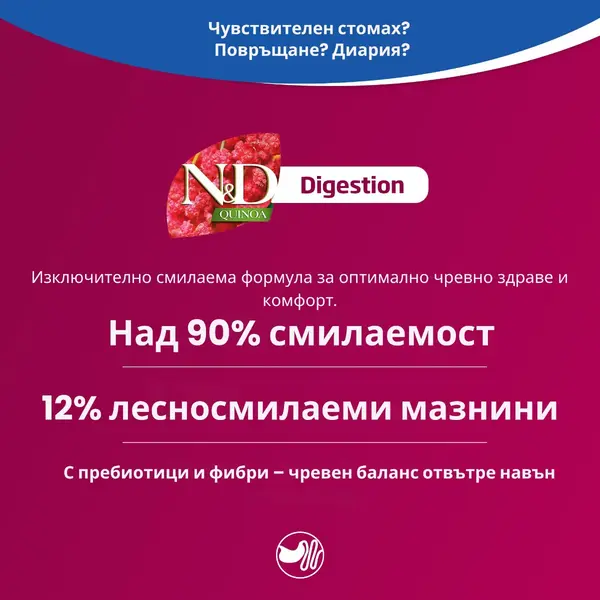 N&D Quinoa Digestion Lamb Adult Medium & Maxi dogs – суха храна за добро храносмилане и без зърнени култури за кучета в зряла възраст от средни и едри породи, с агнешко, киноа, копър, мента и артишок - 7 кг