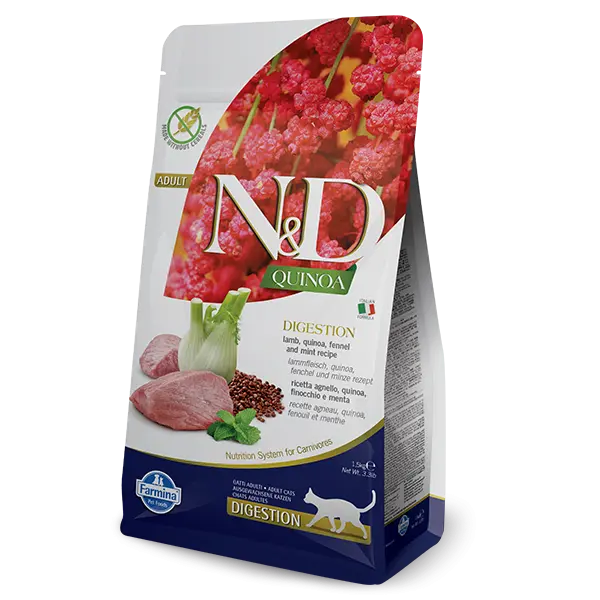 N&D Cat Quinoa Digestion Lamb - суха храна за котки с агнешко, киноа, копър, мента и артишок.