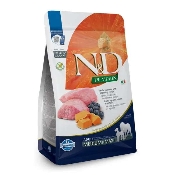 N&D Pumpkin Lamb&Blueberry Adult Medium&Maxi - суха храна за кучета с агне и боровинка