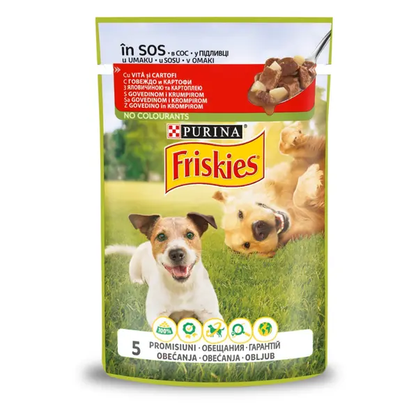 FRISKIES Pouch Dog Adult - Пълноценна мокра храна за кучета с говеждо и картофи - пауч 85g
