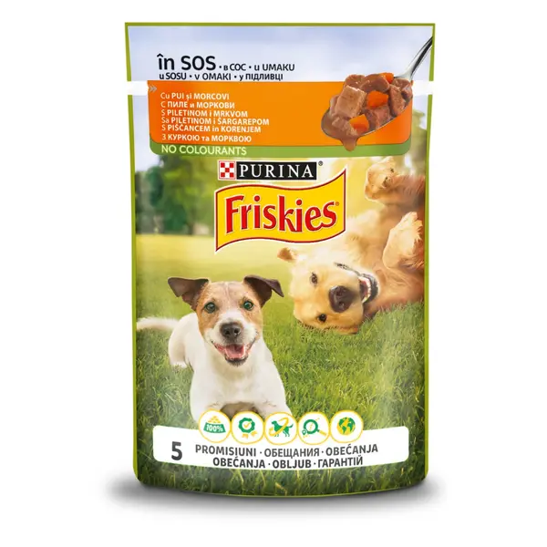 FRISKIES Pouch Dog Adult - Пълноценна мокра храна за кучета с пиле и морков - пауч 85г
