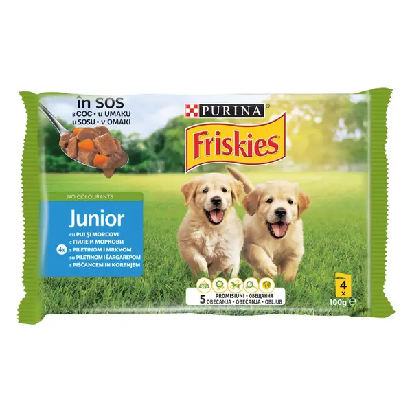 FRISKIES Junior Multipack - Пълноценна мокра храна за малки кученца с пиле и морков - пауч 4 х 85g