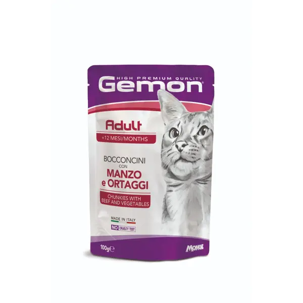 Gemon Adult Cat Beef & Vegetables Pouch - Пълноценна мокра храна за котки в зряла възраст, пауч с телешко месо и зеленчуци - 100 г