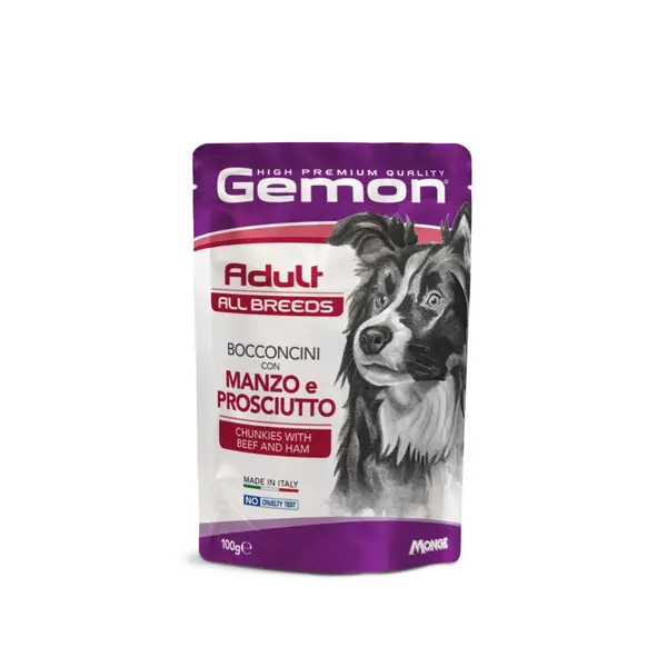 Gemon All Breeds Adult Dog with Beef and Ham - Пълноценна мокра храна за кучета с телешко месо и шунка, пауч 100 г