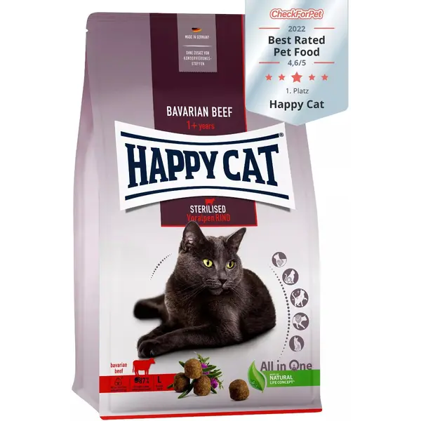 Happy Cat Sterilised Adult Bavarian Beef - суха храна за кастрирани котки с говеждо