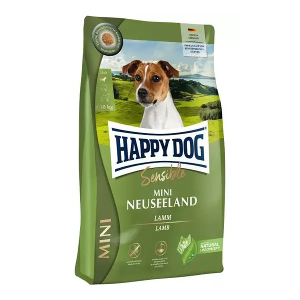 Happy Dog Sensible Mini New Zealand - суха храна за чувствителни кучета от малки породи до 10 кг с агнешко, екстракт от зеленоуста мида, ориз и билки