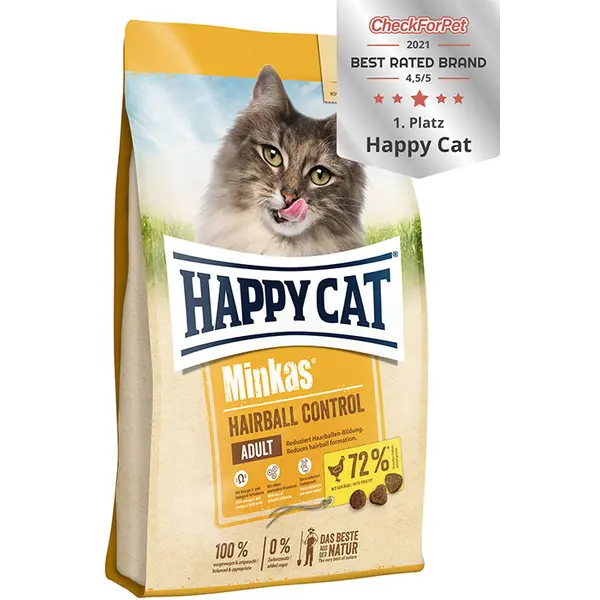 Happy Cat Minkas Hairball Control Poultry - балансирана суха храна за котки с пилешко за минимизиране на топките косми - 10 kg