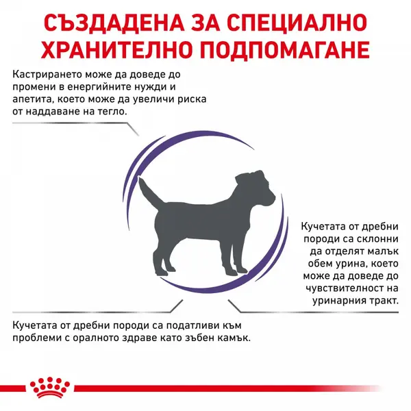 Royal Canin VCN Neutered Adult Small Dog - Пълноценна диетична храна за кастрирани кучета в зряла възраст от дребни породи (до 10кг) или кучета с предразположеност към наддаване на тегло