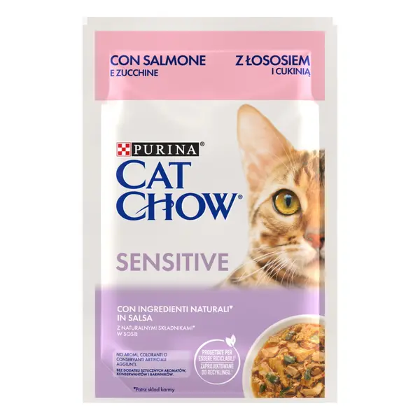CAT CHOW Sensitive - мокра храна за котки с чувствителен стомах със сьомга и тиква - 85g