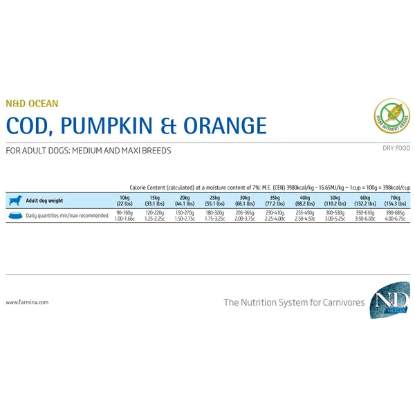 N&D Pumpkin Codfish&Orange Adult Medium&Maxi - суха храна за кучета с треска и портокал