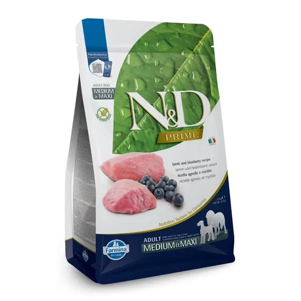 N&D PRIME Dog Grain free Lamb & Blueberry Medium & Maxi Adult – пълноценна храна за кучета в зряла възраст над 1г. от средни и едри породи с агне и боровинки