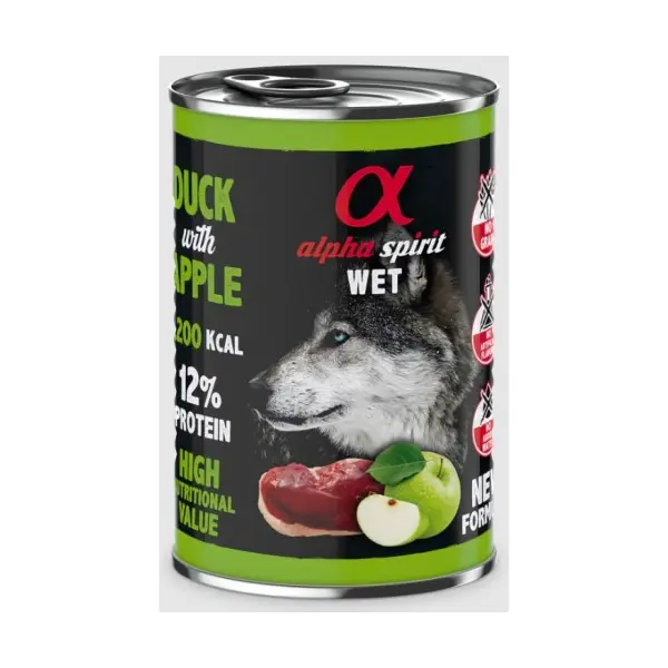Alpha Spirit Complete wet dog food - консерва за куче Патица с Ябълки 12% протеини - 400 гр