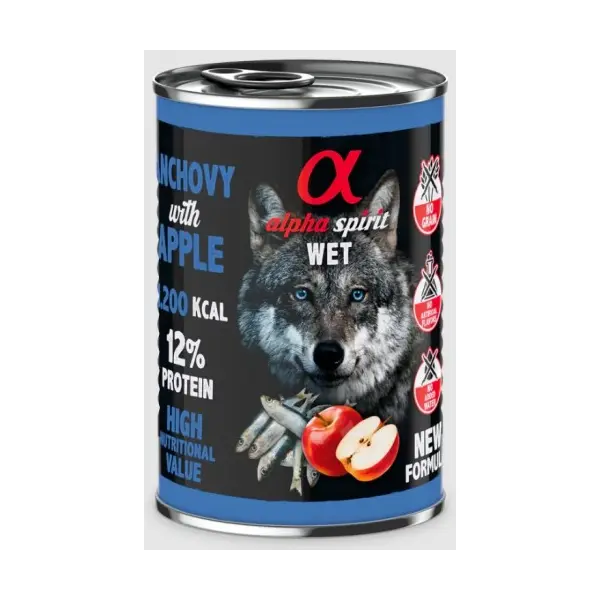 Alpha Spirit Complete wet dog food - консерва за куче Аншоа с Ябълки 12% протеини - 400 гр