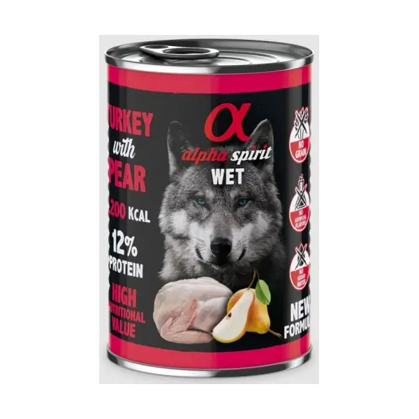 Alpha Spirit Complete wet dog food - консерва за куче Пуйка с Круши 12% протеини - 400 гр