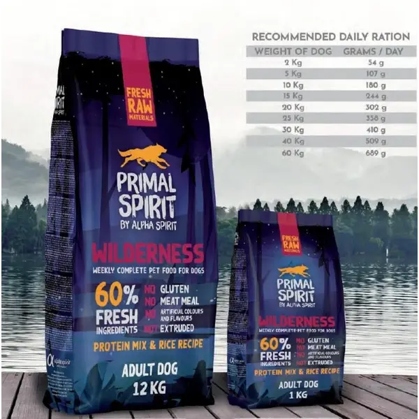 Primal Spirit Wilderness - Суха храна за куче с 20% прясно свинско, 20% прясно пилешко и 20% прясна риба