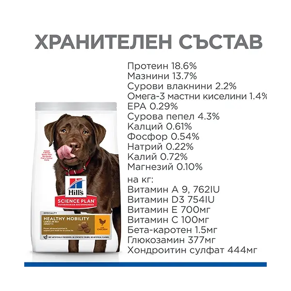 Hill's Science Plan Canine Adult Healthy Mobility Large Breed – Суха храна за поддържане на ставите и подвижността при кучета от едри породи (над 25 кг) над 1 година  - 14 кг