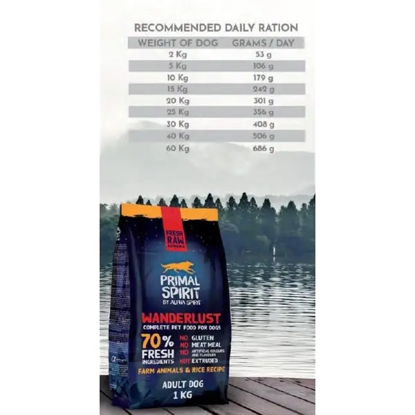 Primal Spirit Wanderlust - Суха храна за куче с 50% прясно пилешко и 20% прясна риба 1кг