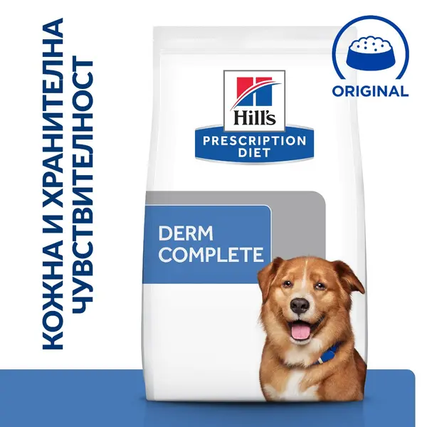 Hill's Prescription Diet Derm Complete – Hill's PRESCRIPTION DIET Derm Complete - лечебна суха храна за кучета с хранителни алергии и алергии от околната среда, с ориз и яйца 12 кг