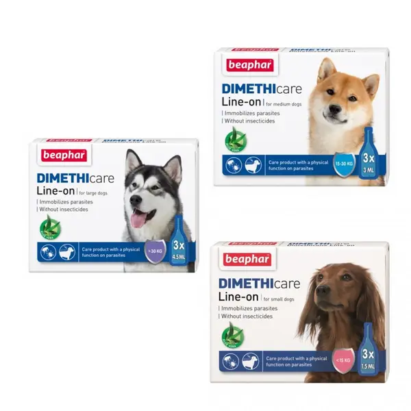 Beaphar Dimethicare Line-on Dog - противопаразитен препарат за куче с Диметикон, 3 броя пипети, без инсектицид - за едри породи над 30 кг