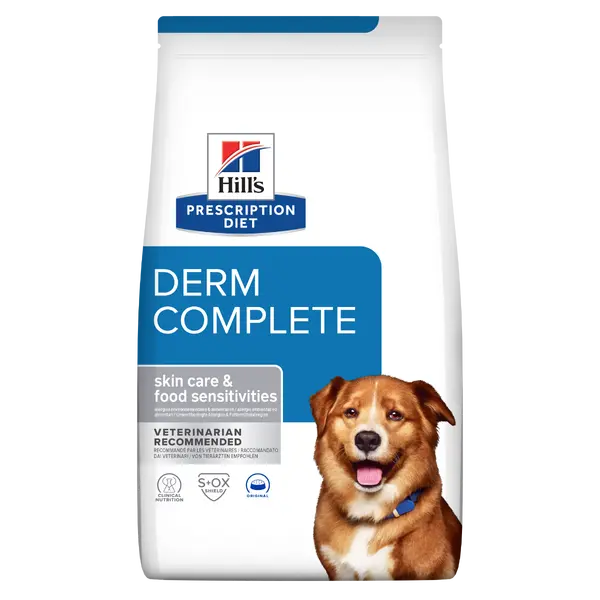 Hill's Prescription Diet Derm Complete – Hill's PRESCRIPTION DIET Derm Complete - лечебна суха храна за кучета с хранителни алергии и алергии от околната среда, с ориз и яйца 12 кг