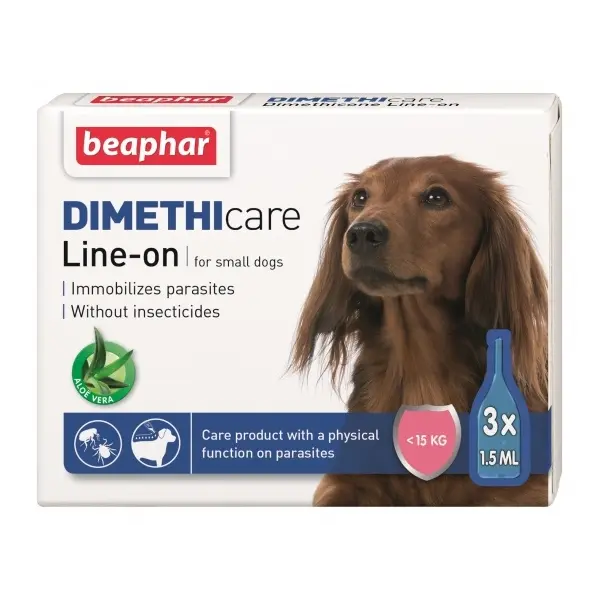 Beaphar Dimethicare Line-on Dog - противопаразитен препарат за куче с Диметикон, 3 броя пипети, без инсектицид - за дребни породи до 15 кг