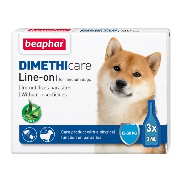 Beaphar Dimethicare Line-on Dog - противопаразитен препарат за куче с Диметикон, 3 броя пипети, без инсектицид - за дребни породи до 15 кг