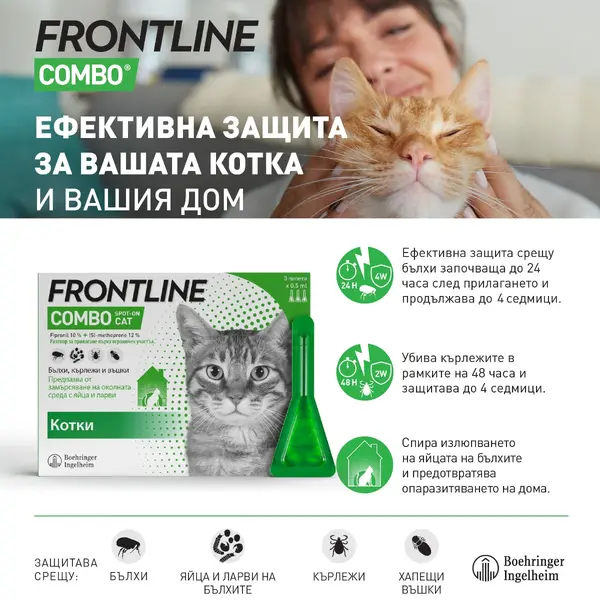Frontline Combo Cat - Спот он форма с разтвор против бълхи (яйца, ларви и възрастни), кърлежи и хапещи въшки при котки - кутия 3 пипети