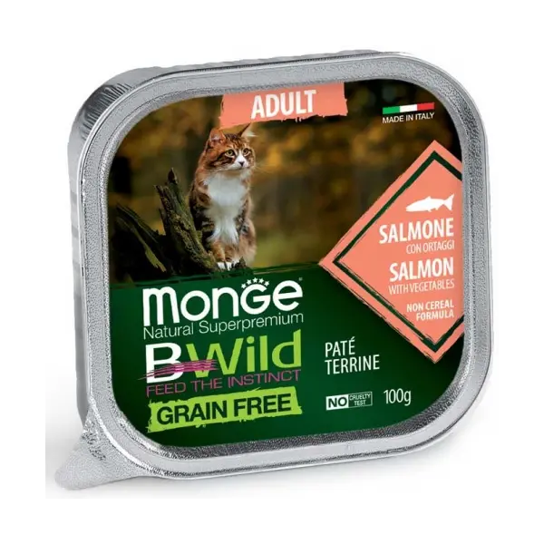 MONGE BWILD GRAIN FREE Adult salmon with vegetables – пастет за котки в зряла възраст със сьомга и зеленчуци - 100 гр