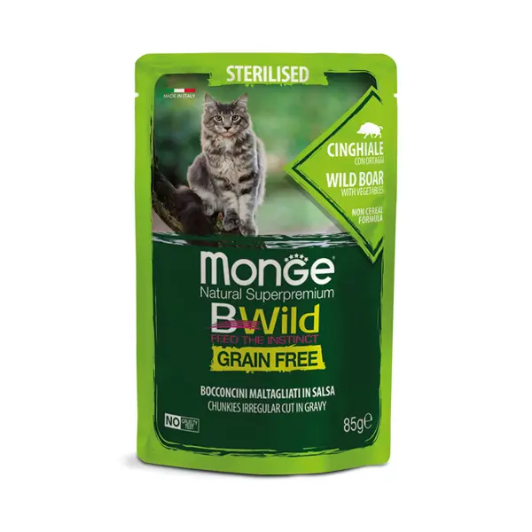 MONGE BWILD GRAIN FREE Sterilised wild boar with vegetables – хапки за кастрирани котки с глиганско и зеленчуци - пауч 85 гр