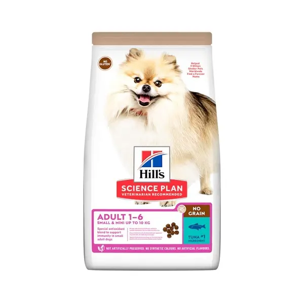 Hill's Science Plan NO GRAIN Small & Mini Adult Tuna - пълноценна суха храна с риба тон за кучета от дребните и мини породи (до 10кг ) от 1 до 6 години - 6 кг  - НА СПЕЦИАЛНА ЦЕНА 5+1 кг ГРАТИС