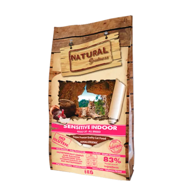 Natural Greatness Sensitive Indoor -  премиум храна за кастрирани котки, с наднормено тегло или гледани вкъщи