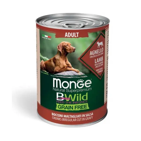 MONGE BWILD GRAIN FREE Adult lamb with pumpkin–хапки за кучета в зряла възраст  с агнешко, тиква и зеленчуци - 400 гр