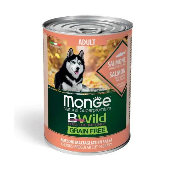 MONGE BWILD GRAIN FREE Adult salmon with pumpkin–хапки за кучета в зряла възраст  със сьомга, тиква и зеленчуци - 400 гр