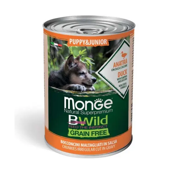 MONGE BWILD GRAIN FREE Puppy Junior duck with pumpkin - хапки за подрастващи кучета с патешко, тиква и зеленчуци - 400 гр
