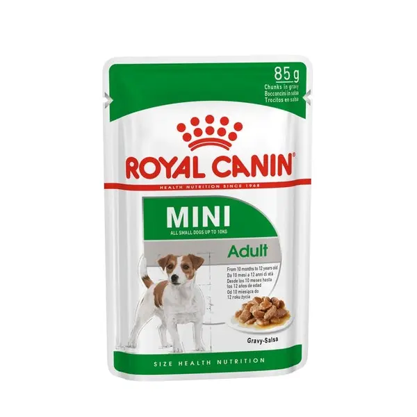 Royal Canin MINI ADULT POUCH 12x85g - Пълноценна храна за кучета в зряла възраст от дребните породи (от 1 до 10кг.) - oт 10 месеца до 12 години.