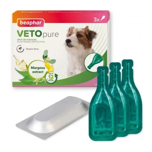 Beaphar Veto Pure Bio Spot On Dog - противопаразитни пипети за кучета от дребни породи до 15 кг, - кутия с 3 броя пипети