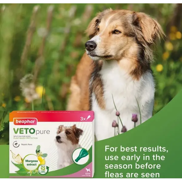 Beaphar Veto Pure Bio Spot On Dog - противопаразитни пипети за кучета от дребни породи до 15 кг, - кутия с 3 броя пипети