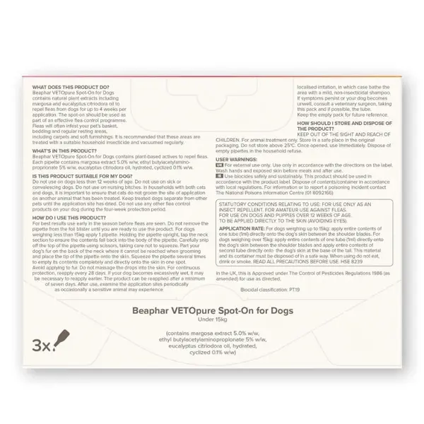 Beaphar Veto Pure Bio Spot On Dog - противопаразитни пипети за кучета от дребни породи до 15 кг, - кутия с 3 броя пипети