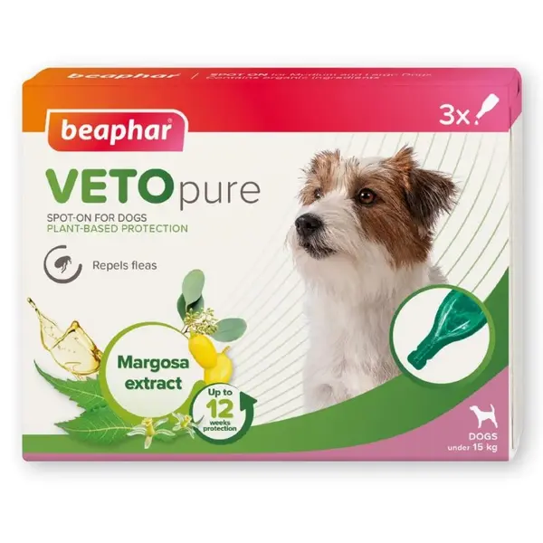 Beaphar Veto Pure Bio Spot On Dog - противопаразитни пипети за кучета от дребни породи до 15 кг, - кутия с 3 броя пипети