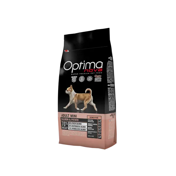 OPTIMA NOVA ADULT MINI SENSITIVE SALMON & POTATO -  Пълноценна храна без глутен за израснали кучета над 10 месеца от дребните породи с чувствителна кожа, сьомга с картофи