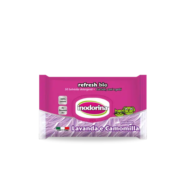 Inodorina Refresh Bio Lavander and Chamomile Perfume - Мокри кърпички от биоразградим памук с лавандула и лайка - 30 бр.