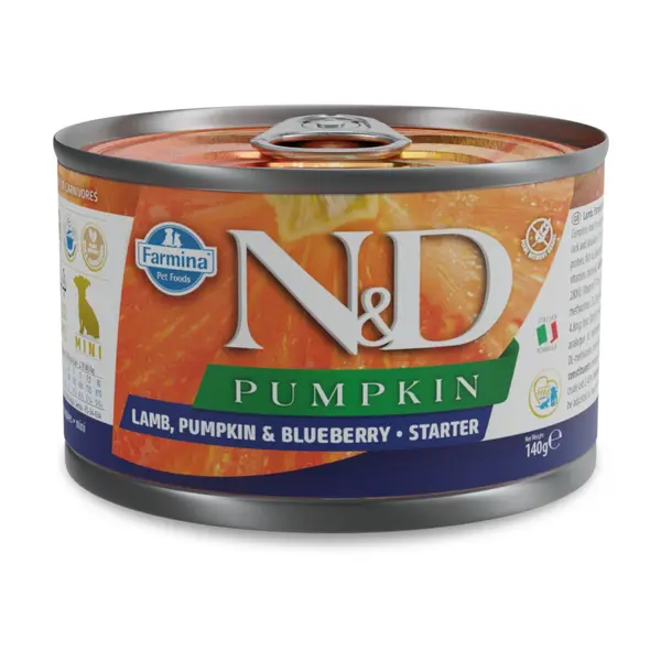 N&D Pumpkin Dog Lamb & Blueberry Starter Mini - Пълноценна консервирана храна за подрастващи кученца от мини породи до 2 месеца, с агне, тиква и боровинки - 140 гр