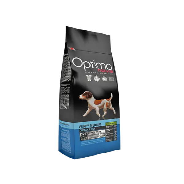OPTIMA NOVA PUPPY MEDIUM CHICKEN & RICE -  Пълноценна храна без глутен за подрастващи кучета от средните породи от 2 до 10 месеца , пиле с ориз