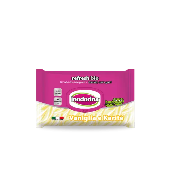 Inodorina Refresh Bio Vanilla and Karitè Perfume - Мокри кърпички от биоразградим памук с ванилия и ший - 30 бр.