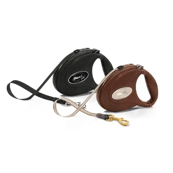 Flexi Leather  Brown M - Луксозен автоматичен повод, oбшит с естествена козя кожа - кафяв