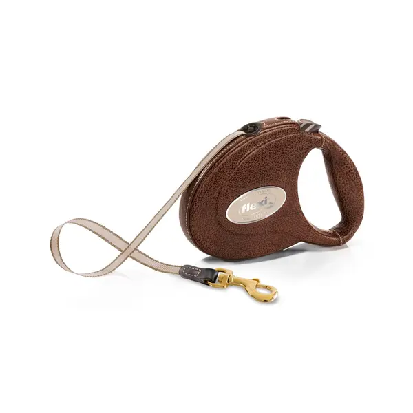 Flexi Leather  Brown M - Луксозен автоматичен повод, oбшит с естествена козя кожа - кафяв