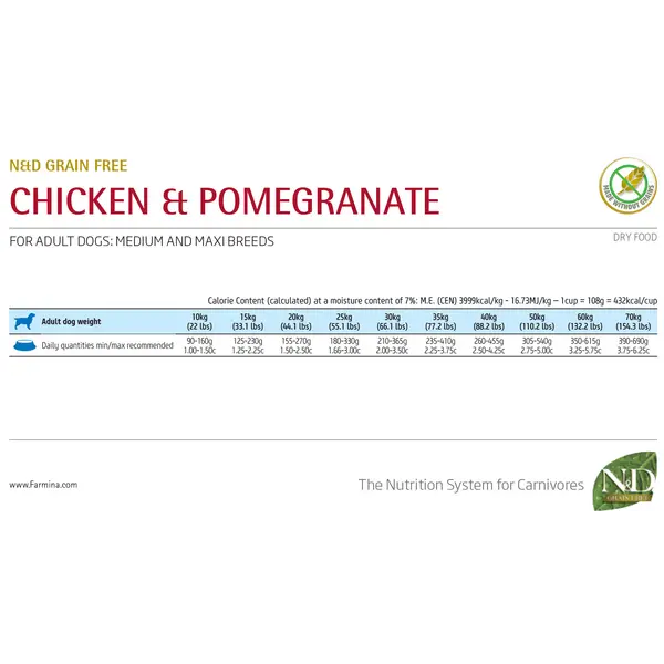 N&D Prime Chicken & Pomegranate Adult Medium & Maxi - пълноценна храна за кучета над 1 година от средни и едри породи с пиле и нар - 12 кг