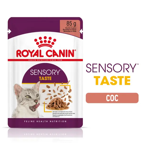 Royal Canin Sensory Taste in Gravy - пълноценна мокра храна със сос в пауч за котки в зряла възраст над 1 година - 12x85 гр