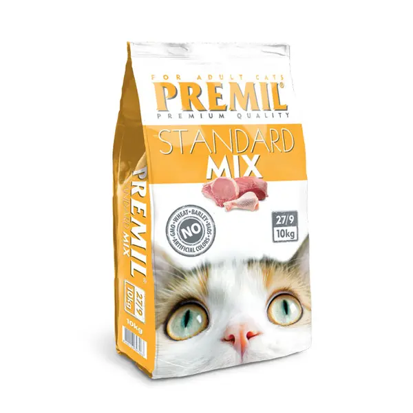 Premil Standard Mix -  пълноценна храна за котки с пилешко, свинско и говеждо месо - 10 кг
