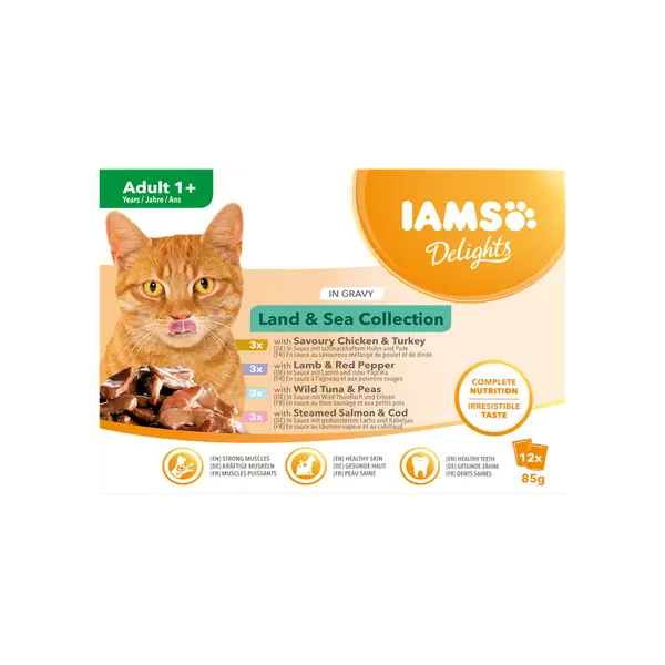 IAMS Cat Pouch Land and Sea Collection in Gravy - Паучове за котка , микс вкусове с месо и с риба  в сос грейви - 12 х 85 гр